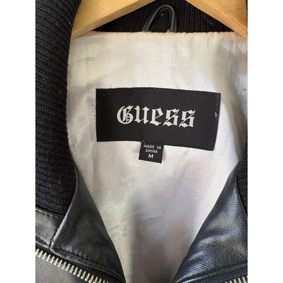 Y2K Guess Black Leather Moto Jacket Ribbed Collar Double Zip - Medium - Picture 2 of 9